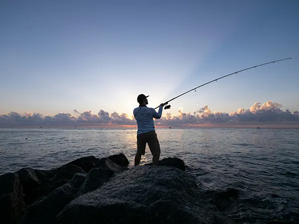 Fishing rod silhouetted against a sunset over the water at Groot Brak
